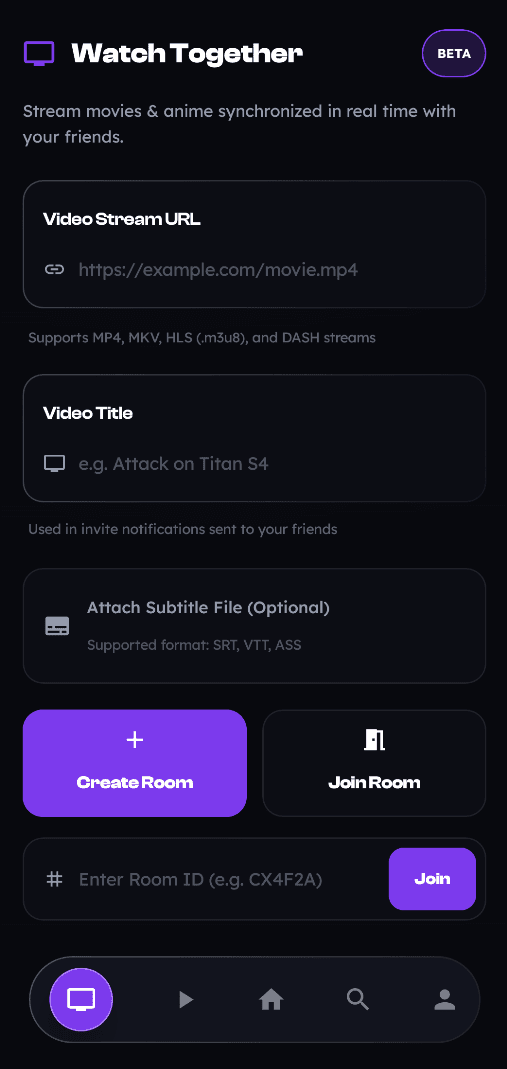 Cinly Watch Together setup — create or join a room