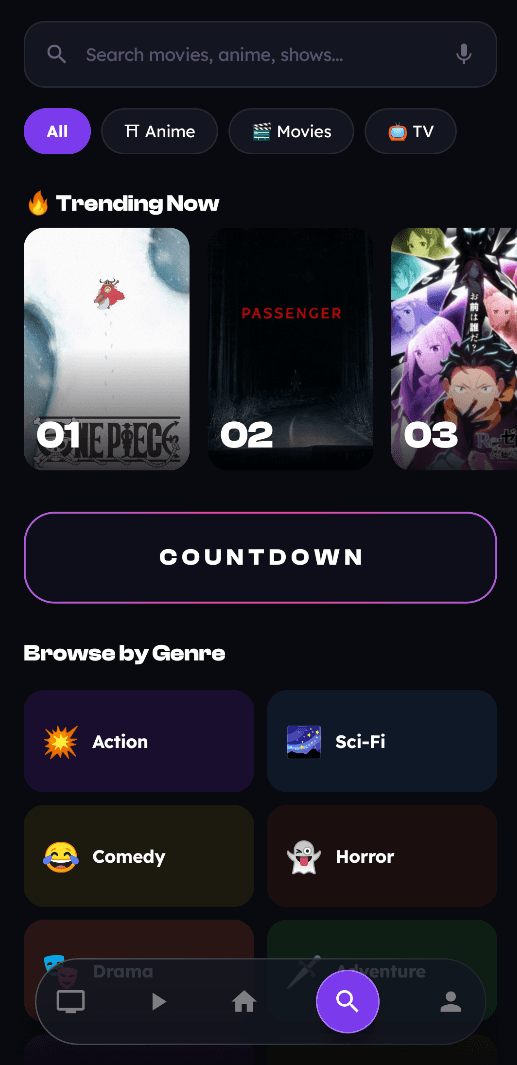 Cinly browse screen with trending titles and genres